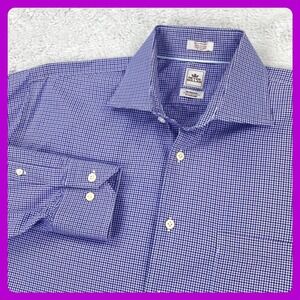 Peter‎ Millar Nanoluxe Shirt Men's 16.5 XLONG Purple Gingham Check Long Sleeve
